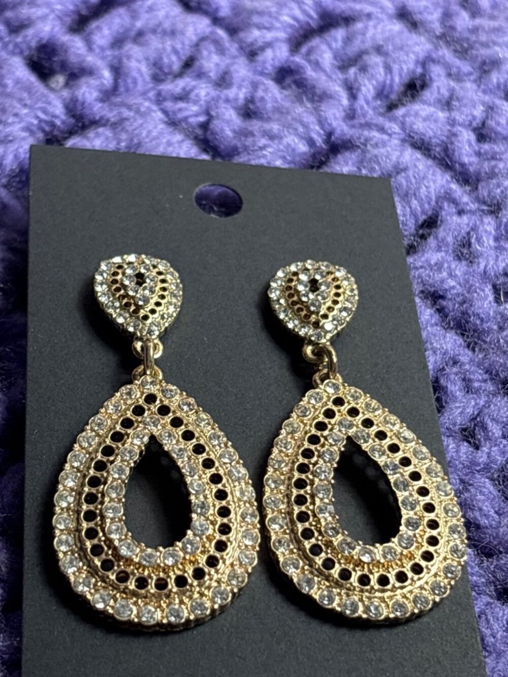 Goldtone Teardrop Dangle Earrings Clear Rhinestones Cutouts Statement 2 inches - Picture 2 of 4